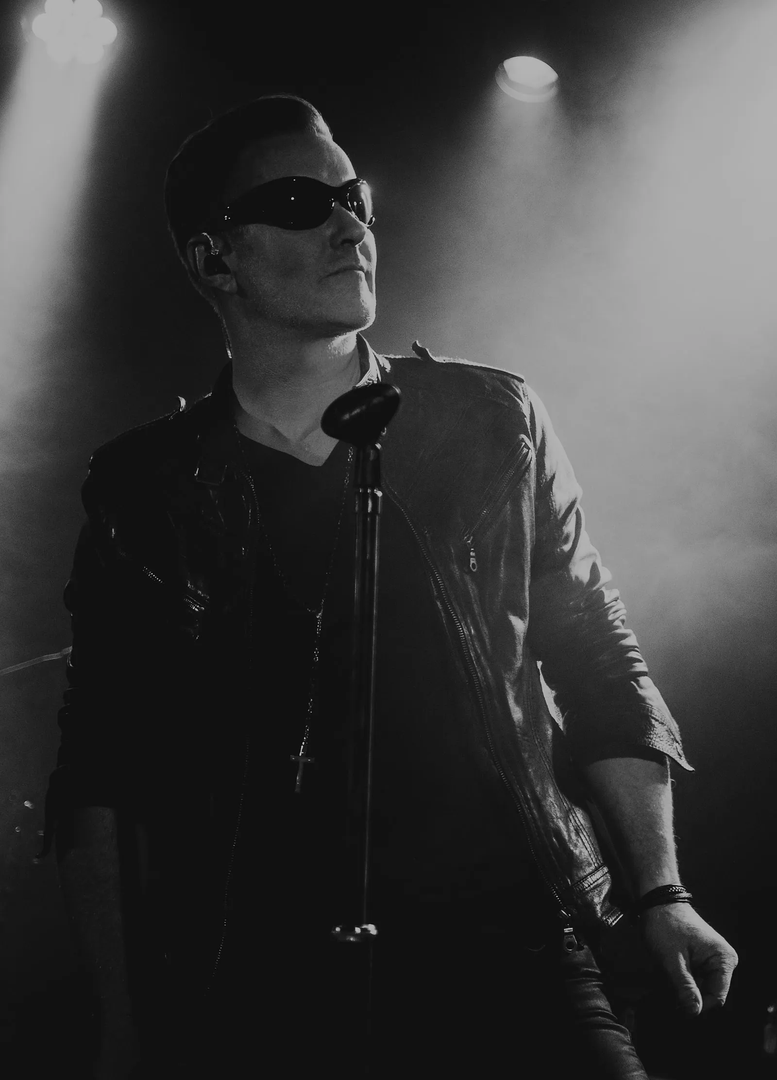 U2.V2 frontman in sunglasses on stage under the lights